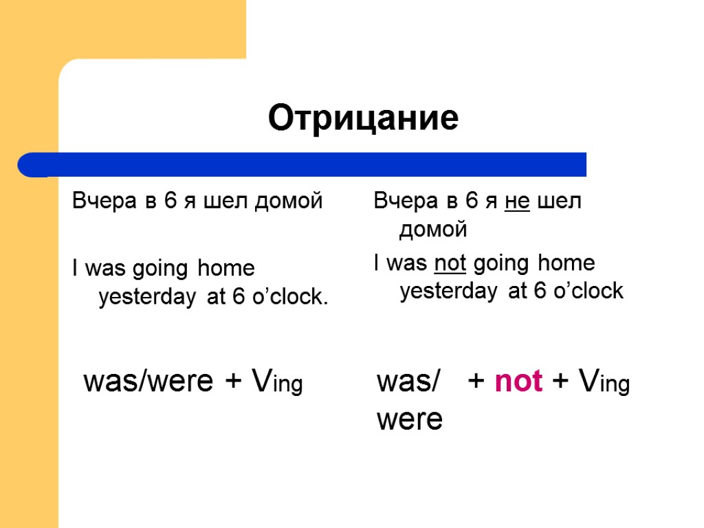 Отрицание Вчера в 6 я шел домой I was going home yesterday at 6